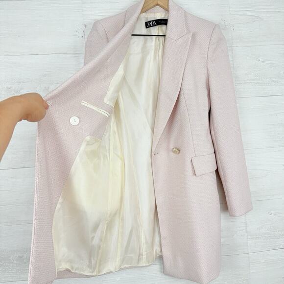 Zara Double Breasted Long Blazer Women S Pink Tailored Fitted Academia Tweed - Picture 9 of 16